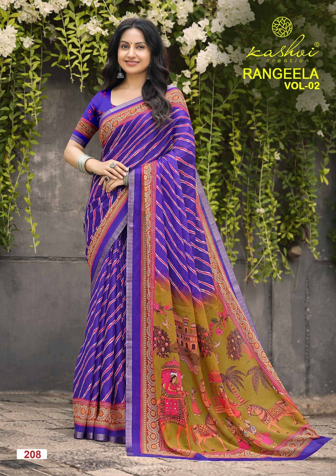 RANGEELA VOL- 2 By KASHVI CREATION 201 To 208 Series  Indian Traditional Wear Collection Beautiful Stylish Fancy Colorful Casuals Wear DULL MOSS KASAB BORDER Sarees At Wholesale Price